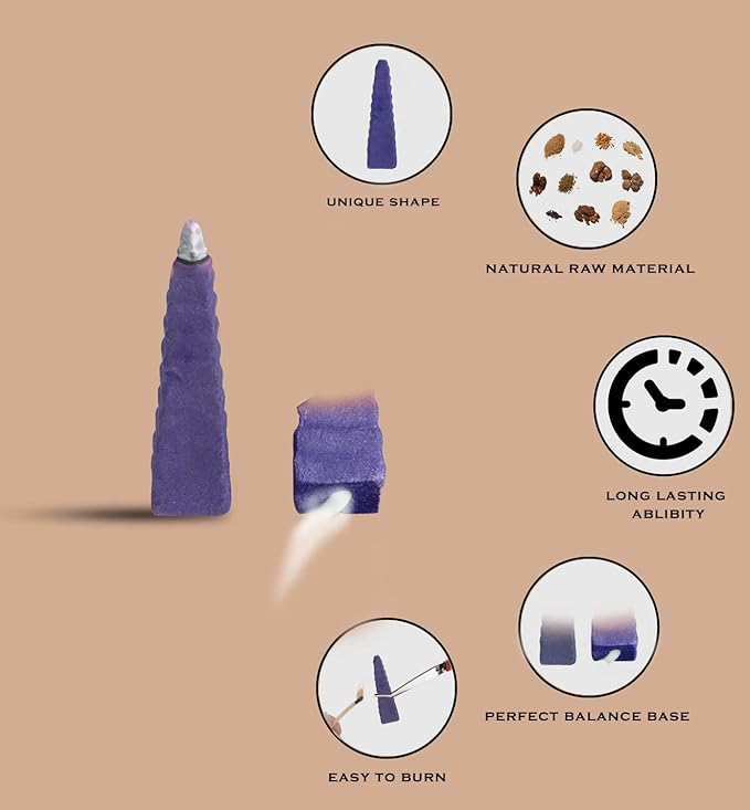 Backflow Natural Incense Waterfall Cones Unique Shape for Backflow Incense for Prayer, Meditation, Relaxation Burner Holder (25 pcs) (Lavender, Step Pyramid)