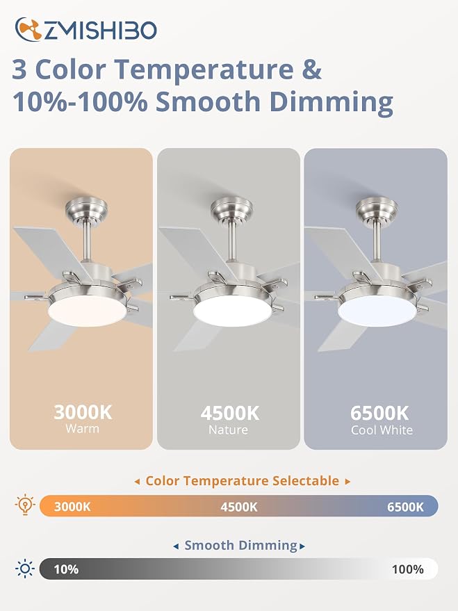 ZMISHIBO 42 Inch Ceiling Fans with Lights, Smart Remote/APP Control, Modern Ceiling Fan with 6 Speeds & 3CCT, Dimmable 30W LED, Quiet DC Motor, Noiseless for Living Room, Bedroom, Kitchen, Nickel