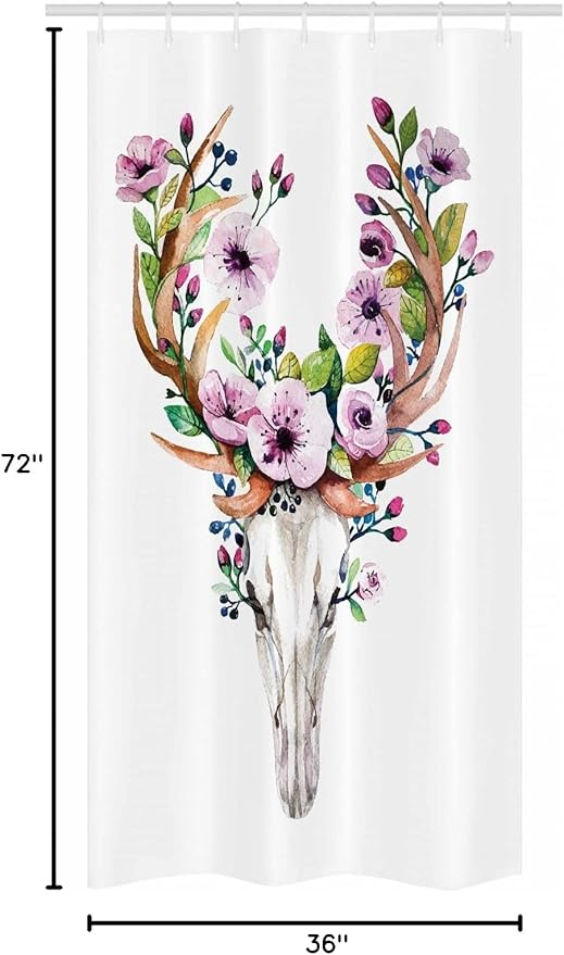 Ambesonne Skull Stall Shower Curtain, Deer Animal Floral Horns Nature Cycle Inspired Dead and Living Art Print, Fabric Bathroom Decor Set with Hooks, 36" W x 72" L, Brown Purple
