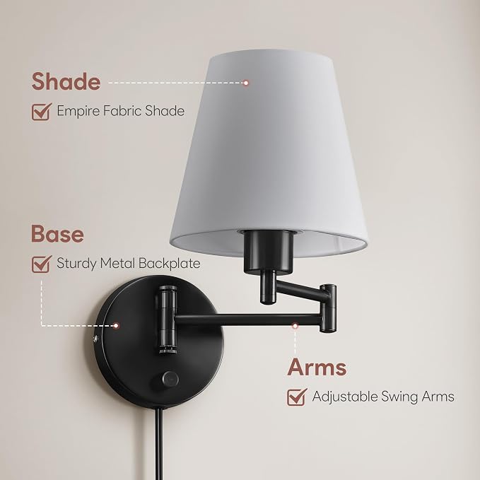 VONLUCE Wall Sconce Set of 2, Plug in & Hardwired Swing Arm Wall Lamps, Adjustable Wall Mounted Lighting Fixtures, Modern Wall Lights with Black Base White Fabric Shade for Bedside, Hallway, Study