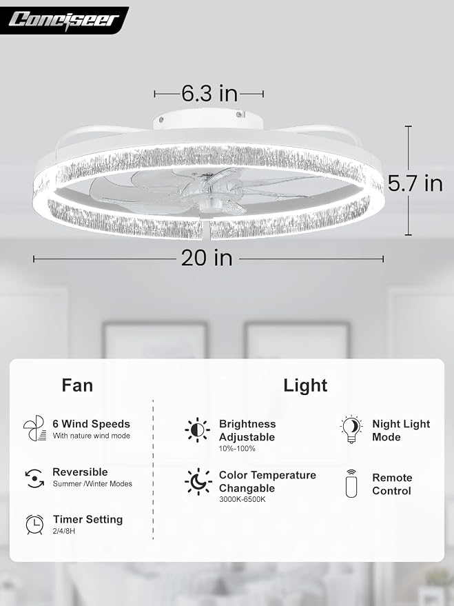 Conciseer 20 Inch Ceiling Fans with Lights and Remote, Flush Mount,3CCT 3000-6500K Dimmable 4W-35W, Low Profile 6 Speed Reversible Quiet DC Motor for Bedroom, Kids Room and Living Room, White