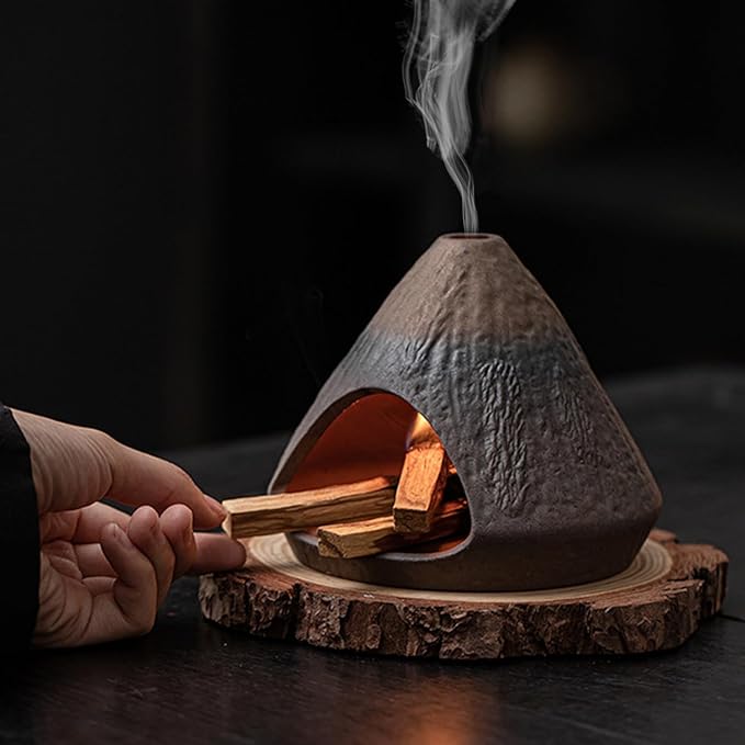Palo Santo Holder Incense Burner-Zongzi Clay Smudge Bowl with Chimney, Mini Ceramic Fireplace for sage、Cone Burning (Handmade - A)