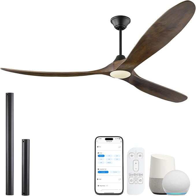82 inch Large Ceiling Fans with Lights, Damp Rated Outdoor Ceiling Fan for Patios, 3 Wooden Propeller Blades, High CFM Smart Fan with Remote & APP & Alexa Control for Indoor Exterior Commercial