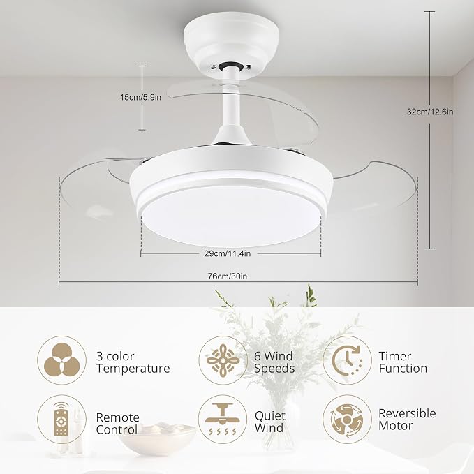 STERREN 30" Retractable Ceiling Fans with Lights, Dimmable LED Ceiling Fan Remote Control, Modern Small Fan Light for Bedroom Living Room Dinning Room Kitchen, 3000K-6500K, 6 Speed (White)