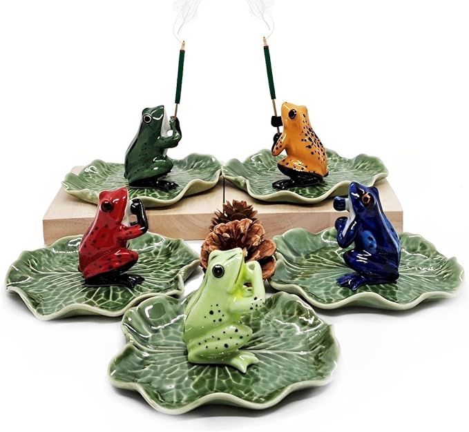 2" Dark Blue Frog On 4" Wide Lotus Leaf Ceramic Incense Stick Holder Artistic Collectible Figurine for Adult Collectors Interior Accent Gift Handcrafted Porcelain Home Room Decor