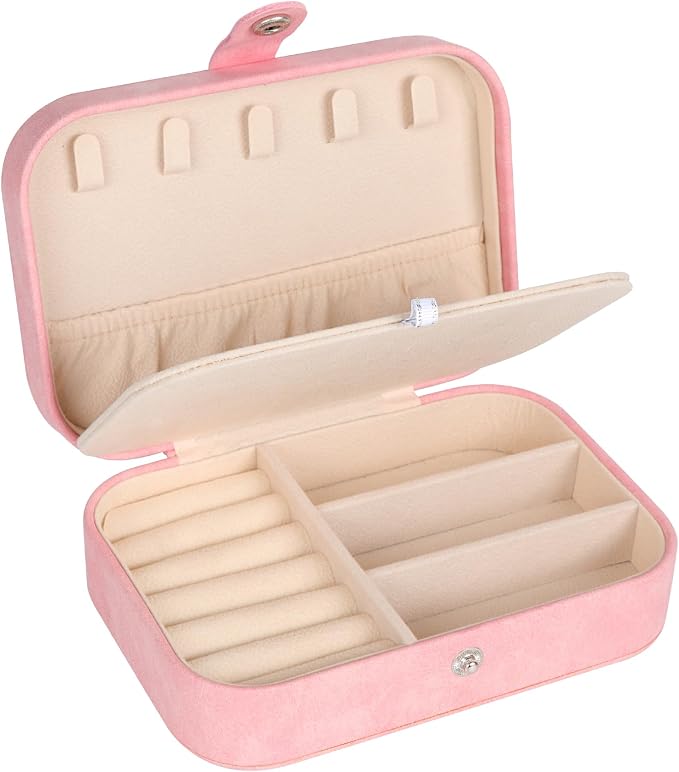 Hatori Travel Jewelry Box, PU Leather Small Jewelry Organizer for Women Girls, Double Layer Portable Mini Travel Case Display Storage Holder Boxes for Stud Earrings, Rings (Pink Beige)