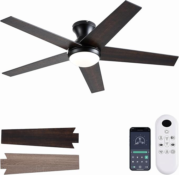Ayaoty Ceiling Fans with Lights, 52" Low Profile Indoor Ceiling Fan with Light and Remote Control, Dimmable, Noiseless, Reversible, Brown Ceiling Fan for Bedroom, Indoor/Outdoor Use