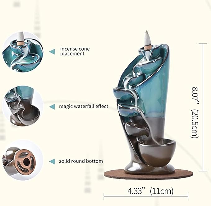 YYW Backflow Incense Burner Holder Handmade Statue Decor Fountain Waterfall Incense Holder with 20 Backflow Incense Cones 30 Incense Sticks 1 Tweezer 1 Mat for Indoor Meditation Yoga (Blue)
