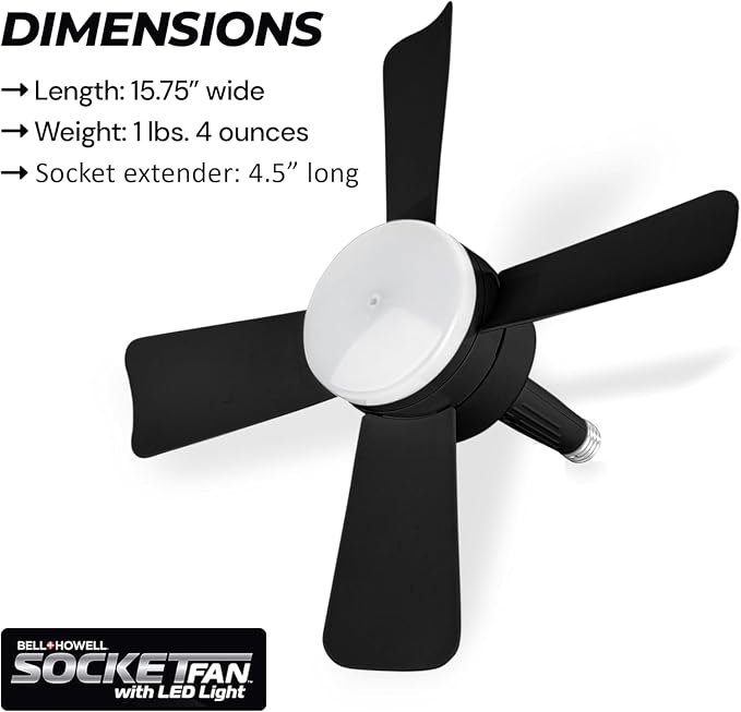 Bell+Howell Socket Breeze 15.4" Socket Fan Light with Remote | 3500K, 1000 Lumens, Portable, Small, Easy to Install Ceiling Fan Replacement for Bedroom, Kitchen, Living Room