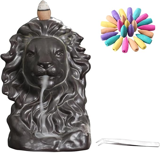 Incense Burner Aroma Diffuser backflow Incense Home Decoration Lion Head Statue + 20pcs Cone Incense