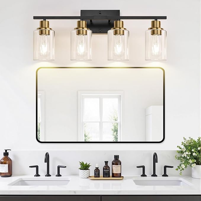 Indoi 4-Light Bathroom Light Fixtures, Black and Gold Modern Vanity Lights with Clear Glass Shades, Bathroom Wall Lamp for Mirror Living Room Cabinet Bedroom Porch