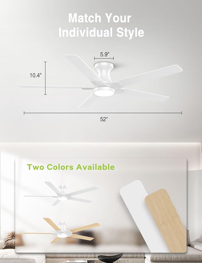 DAMINY 52 inch White Ceiling Fans with Lights,5 Blades,3CCT, Low Profile,Remote Control,for Bedroom, Kitchen,Living Room,Indoor/Outdoor Use,Flush Mount