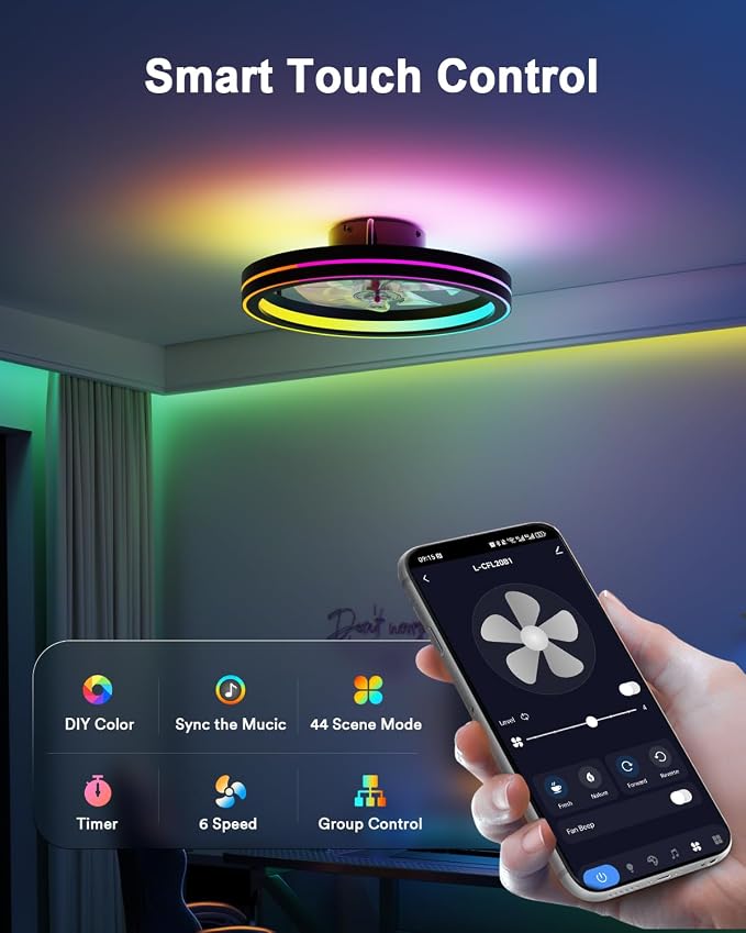 Lumary Smart Ceiling Fan Light with 2200K Nightlight, WiFi & Bluetooth Low Profile Ceiling Fan with Light Remote for Bedroom, RGBAI & 42 Scenes Mode, Flush Mount Easy to Install, 5000 LM, 19in Black