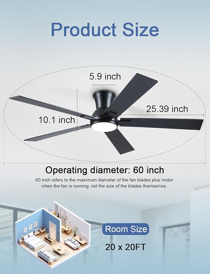 60 Inch Black Flush Mount Ceiling Fans with Lights, 3CCT Dimmable LED, 6-Speed Remote Control, Reversible Motor,Quiet Low Profile Energy-Efficient for Bedroom & Living Room,ETL Listed