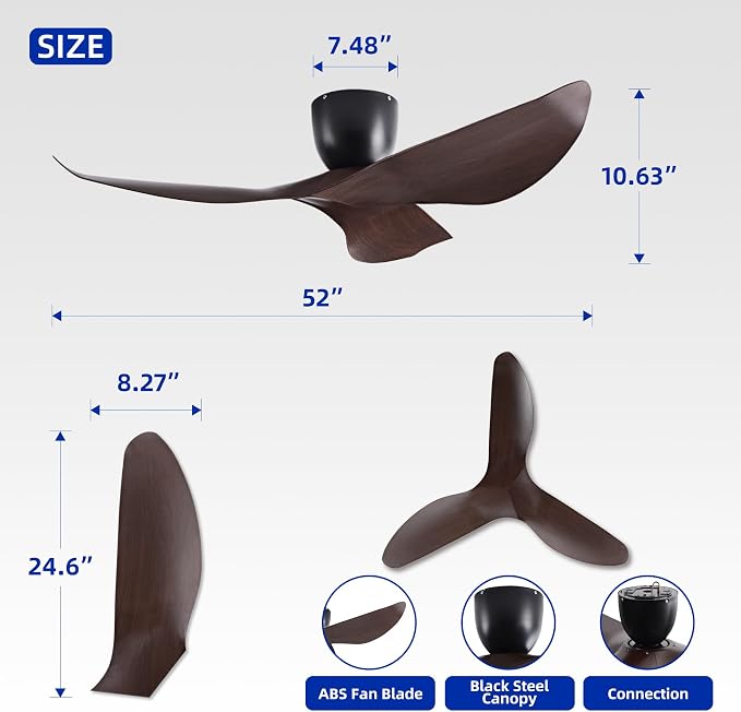 52" Black Walnut Grain Flush Mount Ceiling Fan, Remote No Light | Modern Low-Profile, Heat Resistant ABS Blades, 6-Speed Reversible Quiet DC Motor for Balcony, Living Room, Bedroom