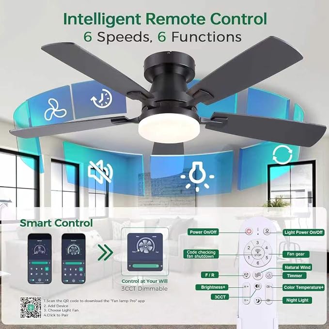 Ceiling Fans with Lights, 48 inch Flush Mount Ceiling Fans with Lights and Remote, Low Profile, Reversible DC Motor, Noiseless, 3CCT, Dimmable LED Ceiling Fan for Bedroom, Living Room, Black