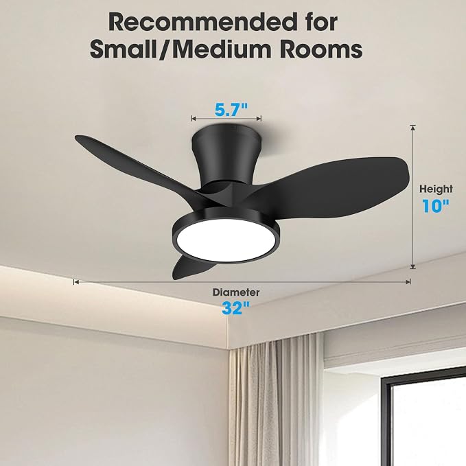 ocioc Quiet Ceiling Fan with LED Light DC Motor 32 inch Large Air Volume Remote Control for Kitchen Bedroom Dining Room Patio