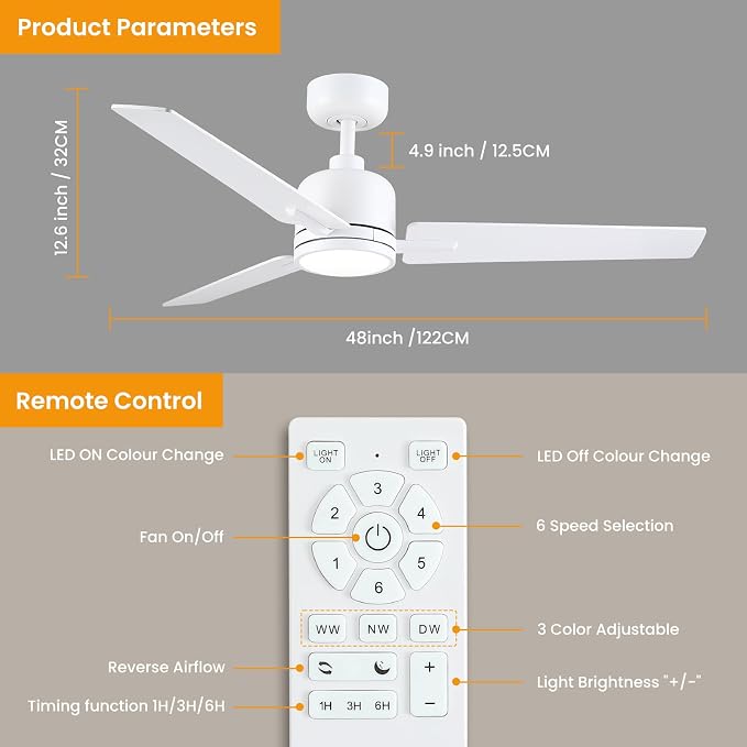 Newday 48 Inch Ceiling Fans with Lights Remote, White Ceiling Fans Dimmable 3 Color Temperature, Timer, 3 Blades, 6 Speed Modern Fan Quiet Reversible DC Motor for Indoor or Covered Outdoor