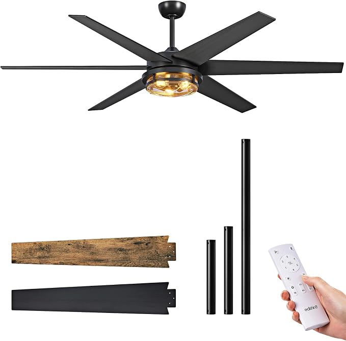 EDISHINE 70" Large Farmhouse Ceiling Fans with Lights and Remote,10%-100% Dimmable, Wood Blades, 8000CFM Indoor Black Ceiling Fan for Living Room Patio Office, 6 Speed Reversible Quiet DC Motor