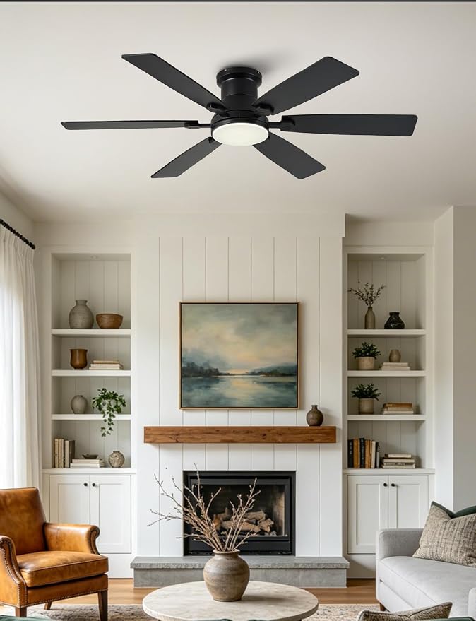 52 inch Low Profile Ceiling Fan with Light and Remote/APP Control, LED Dimmable, 3CCT, DC Reversible Motor, Modern, 6 Speeds, Black Flush Mount Ceiling Fans for Bedroom Living Room/Outdoor Use