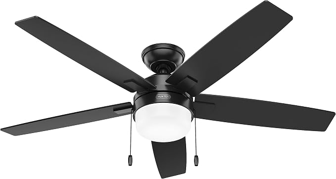 Hunter Anisten, Indoor, Ceiling Fan, with LED Light, 52 inch, Matte Black | Standard Mount, Pull Chain, 5 Blades, For Bedroom, Living Room, Includes Bulbs, 52485