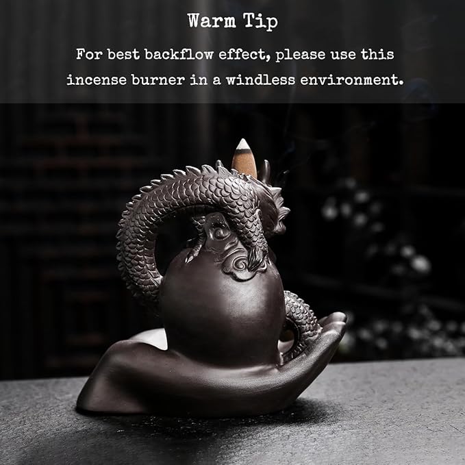 Skull Dragon Incense Burner Holder - Backflow Waterfall Cone Incense Holder, LED Ceramic Unique Skeleton Incense Burner with 15 Incense Cones for Halloween/Aromatherapy/Yoga/Home/Office Deco