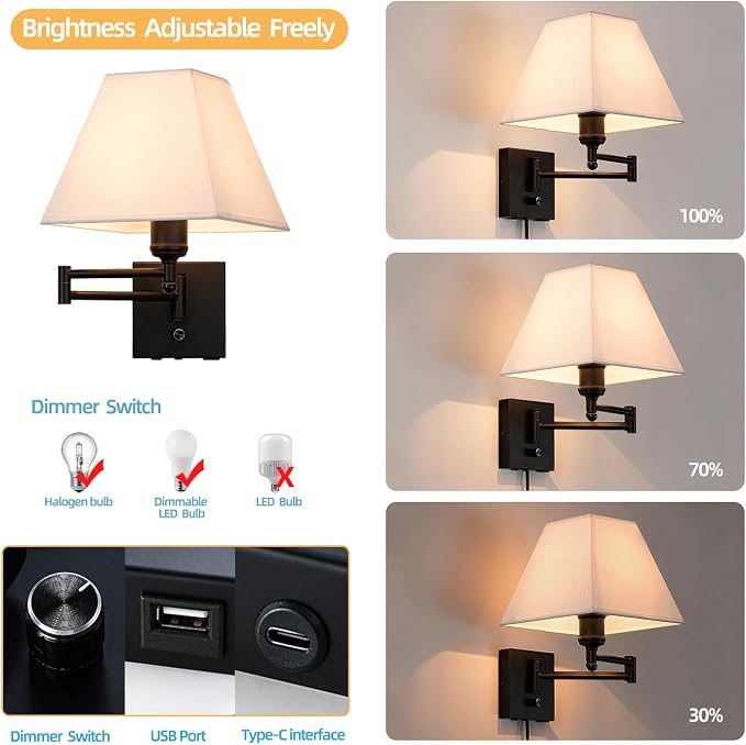 Swinging arm wall lamp, Fabric lampshade, with Plug and dimming Rotary Switch, USB and Type-C Charging Port, Suitable for Bedside, Living Room, Hotel and Bedroom wall Lamps
