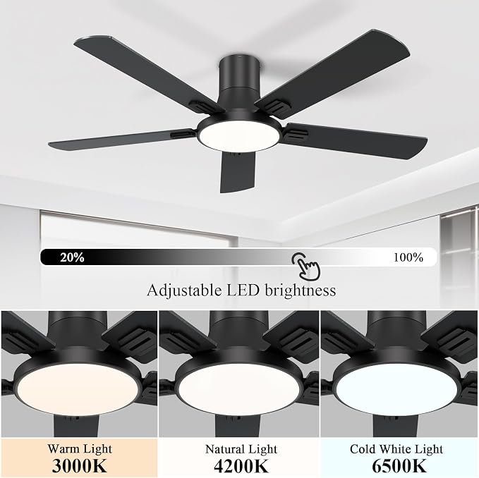 SNJ 52 Inch Black Ceiling Fans with Lights and Remote,Flush Mount Low Profile 5 Blades Ceiling Fan,Dimmable Quiet Reversible DC Motor for,Living Room,Bedroom and Patio