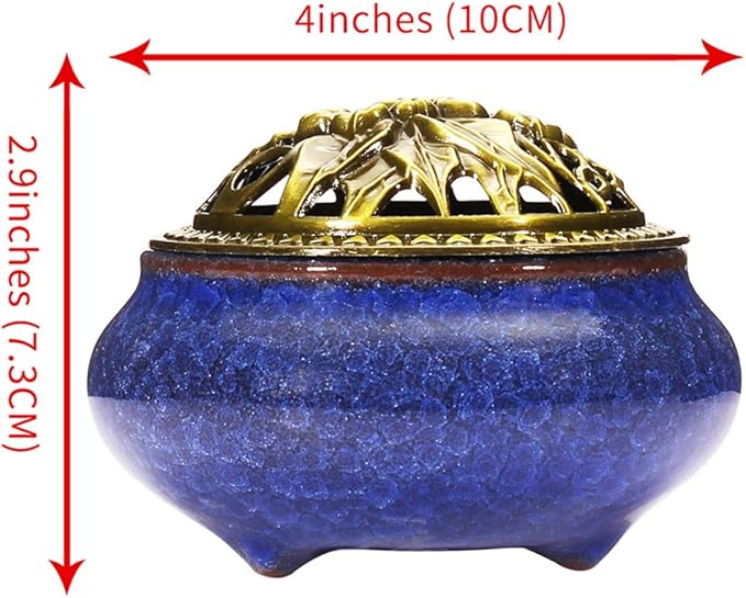 Miupoo Incense Burner and Cone Incense Holder with Brass Incense Stick Holder Ceramic Ash Catcher (Dark Blue)