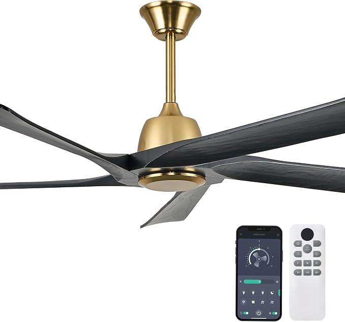 60" Black and Gold Ceiling Fan No Lights, Remote and APP Control, 6-speed Reversible, Quiet DC Motor, Wood Ceiling Fans for Bedroom, Living Room, Office, Outdoor Patio
