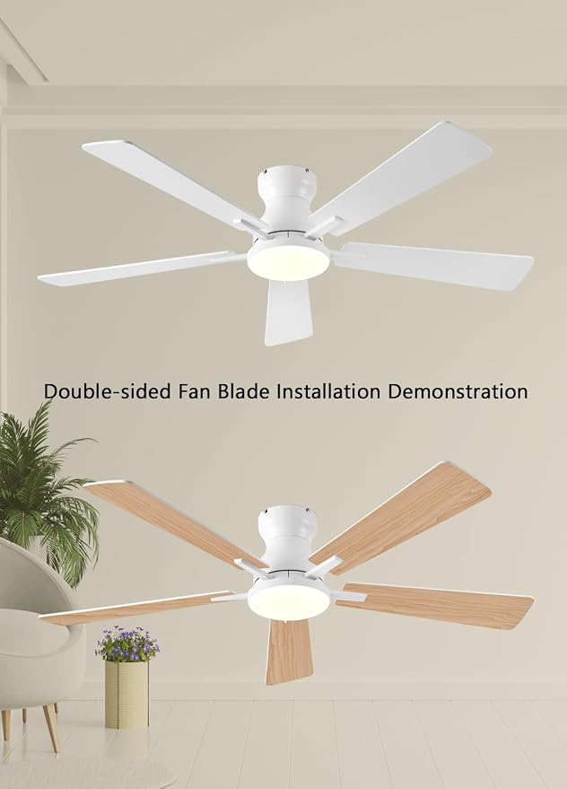 JSAITEE Ceiling Fans with Lights, 52Inch Low Profile Ceiling Fan with Light and Remote/App Control, Modern Flush Mount White Ceiling Fan, 3CCT Dimmable, Reversible DC Motor, for Living Room,Bedroom
