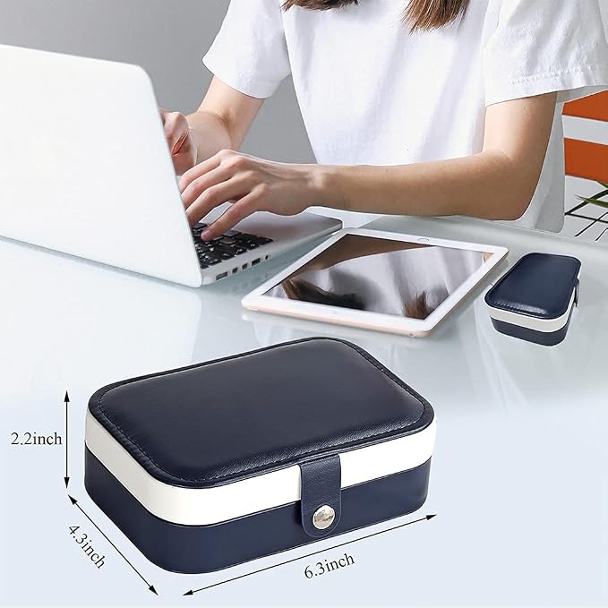 Hatori Travel Jewelry Box, PU Leather Small Jewelry Organizer for Women Girls, Double Layer Portable Mini Travel Case Display Storage Holder Boxes for Stud Earrings, Rings (Blue)