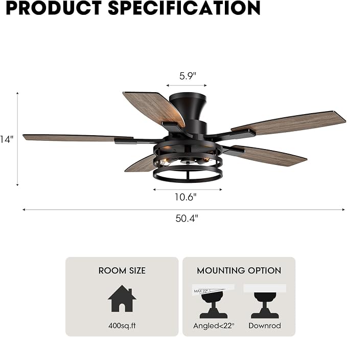 52 Inch Flush Mount Ceiling Fans with Lights and Remote Control, Low Profile Farmhouse Ceiling Fan for Bedroom Living Room and Patio, Black Caged Ceiling Fan for Indoor and Outdoor