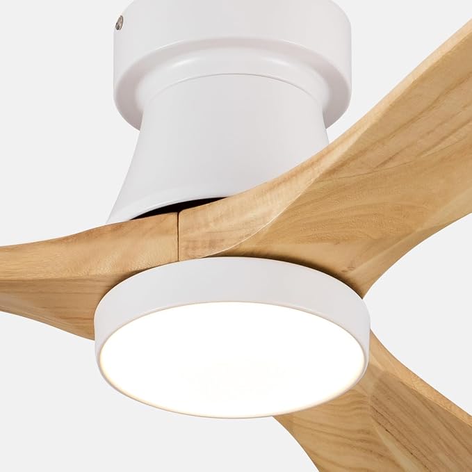52 Inch Ceiling Fan with Lights, Remote Control, Flush Mount, Dimmable, Reversible, Wood Blades, Power-Off Memory, Quiet DC Motor, Modern Hugger Ceiling Fan for Living Room, Bedroom, Patio