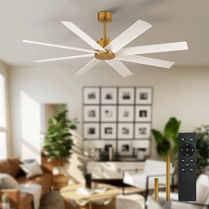 Farmhouse Ceiling Fan with Remote: 60" White and Gold 8-Blade 5-Speed Reversible DC Motor - Large Indoor/Outdoor Fan