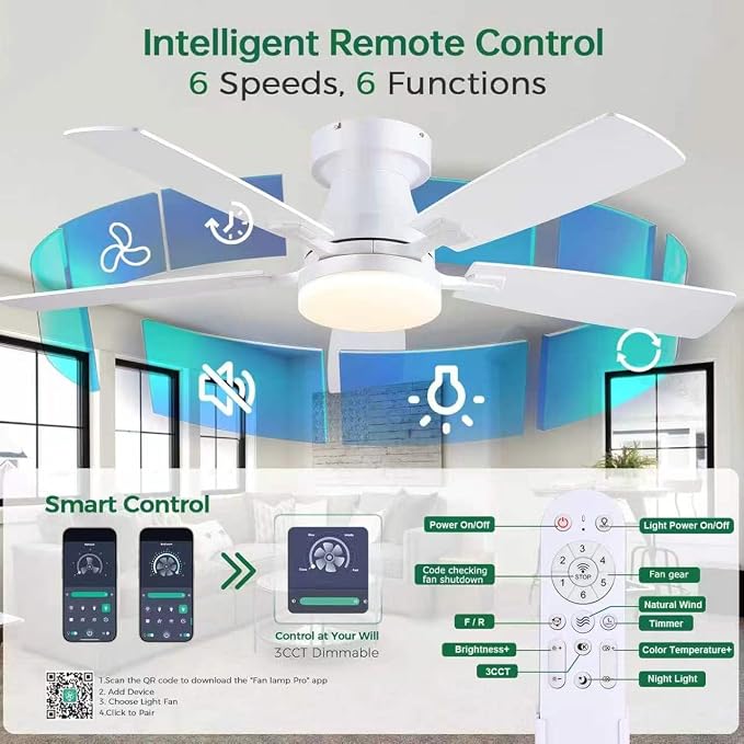 Ceiling Fans with Lights, 48 Inch Ceiling Fan with Light And Remote/APP,Low Profile Ceiling Fan with Light,DC Reversible,6 Speed Noiseless LED Ceiling Fan,White Small Ceiling Fan for Bedroom