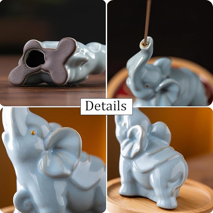 Cute Elephant Incense Holder for Sticks - ZKSYLSM Ceramic Incense Burner with Bamboo Ash Catcher, 3.5" Meditation Decor