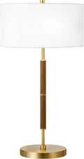 Henn&Hart 25" 2-Tone Modern 2-Light Table Lamp with White Fabric Drum Shade for Living Room, Bedroom, or Office, Medium Oak/Gold