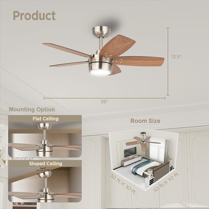 Ceiling Fan 36'' for Small Room: Modern Ceiling Fans with Light Remote Control - Reversible Quiet DC Motor Dimmable with 6 Speeds for Dorm Room Kids Bedroom(Brushed Nickel+Walnut)