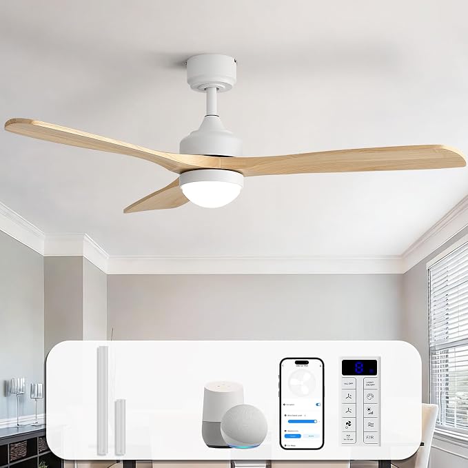 Sofucor 52" Smart Wood Ceiling Fans Lights, Flush Mount & Downrod Mount, 3 Wood Blades Modern Outdoor Ceiling Fans with Alexa/Google Assistant/APP/Remote Control for Bedroom, Farmhouse, Patio, Indoor