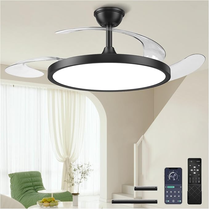 【Slim】48" Retractable Ceiling Fans with Lights, Large Fandelier Ceiling Fan with Light and Remote, Reversible, 3 CCT, Dimmable, Modern Chandelier for Bedroom, Living Room, Dining Room (Black)