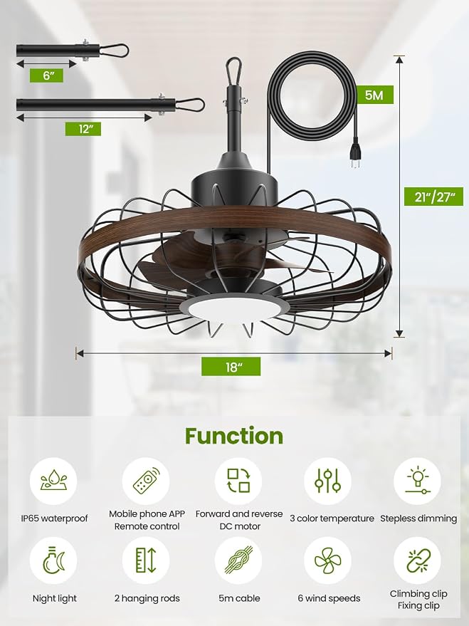 18 Inch Outdoor Ceiling Fans with Light for Patios,Ceiling Fan Smart APP & Remote Control, 6 Speeds, 3 Color Temperatures, Gazebo Lights Outdoor Ceiling Fans for Patio Waterproof,Porch
