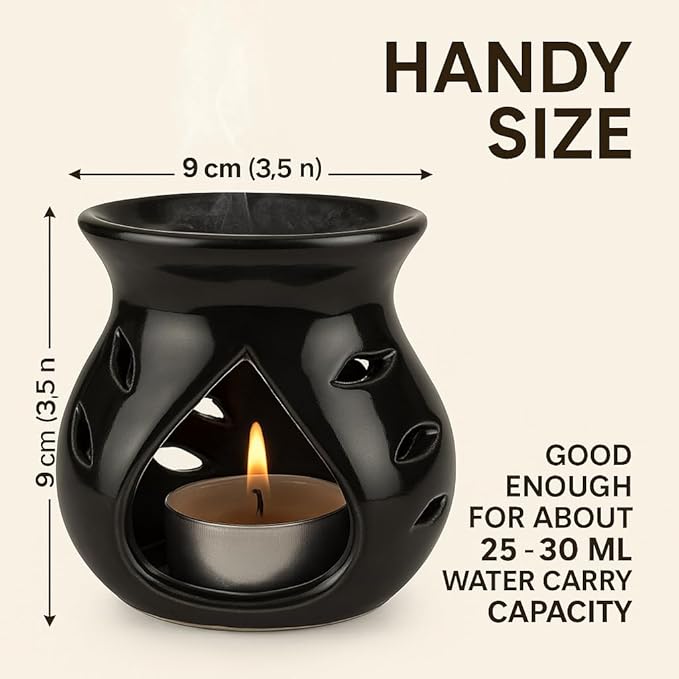 Pure Source India Ceramic Essential Oil Burner Wax Melt Burners |Aromatherapy| Ceramic Oil Diffuser| Candle Tealight Holder (Set of 1) Home Bedroom Decor Christmas Housewarming Gift, Black