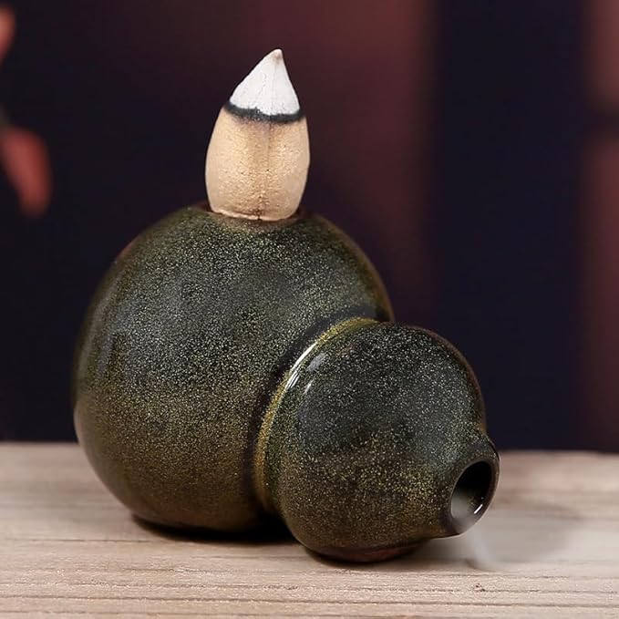 Ceramic Backflow Incense Burner, Gourd-Shaped Waterfall Smoke Holder, Handmade Classical Zen Incense Holder for Meditation, Home Decor & Tea Room