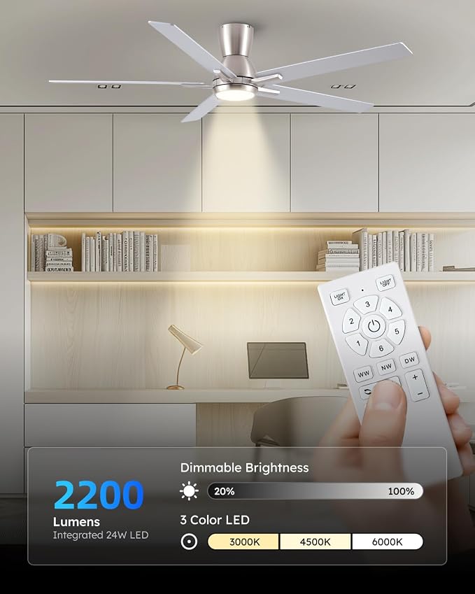60'' Flush Mount Brushed Nickel Ceiling Fan with Light & Remote, ETL Listed | 6 Speed, Quiet DC Motor, 3-Level Timer Function, 3 Color Temperature, Forward/Reserve For all Seasons, Indoor/Covered Outdoor
