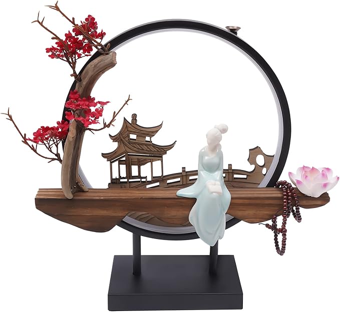 TFCFL Backflow Incense Holder with LED Light Ring, Chinese Style Handmade Flower Censer Incense Burner Home Decor Aromatherapy Ornament Incense Holders with Backflow, USB Cable (Red Plum)