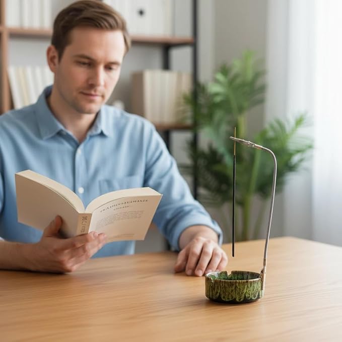 Modern Incense Holder with Flexible Metal Stand, Silver Ash Collector Base, Minimalist Design for Home Meditation and Aromatherapy. (Green + Clip)
