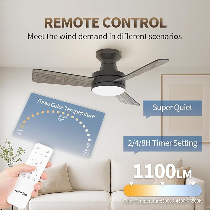 NURMINA 42 Inch Ceiling Fan with Lights, RGB Flush Mount Low Profile Ceiling Fan with Lights, 6CCT Dimmable Reversible Quiet DC Motor Remote Control for Bedroom Kids Room Living Room, Black