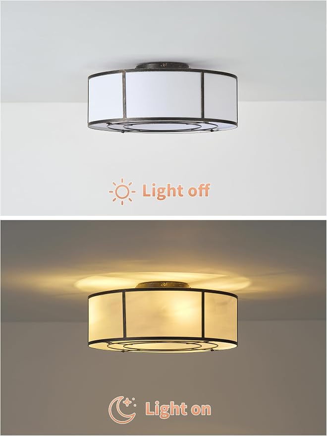 Low Profile Ceiling Fans with Lights, 20" Flush Mount Ceiling Fan with Light, Black and White Boho Bladeless with 6 Speeds Remote Control for Bedroom, Nursery, Living Room
