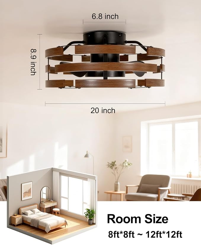 Roomratv Farmhouse Fandelier Ceiling Fan with Lights Flush Mount, 20'' Caged Bladeless Ceiling Fan with Remote,Enclosed Small Fan Light Fixtures Low Profile for Rustic Bedroom Kitchen